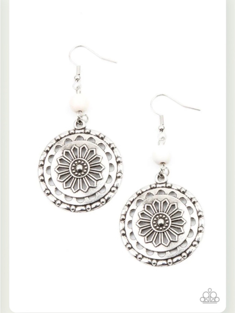 E-71 Paparazzi Silver-Tone Floral Medallion Earrings with White Bead